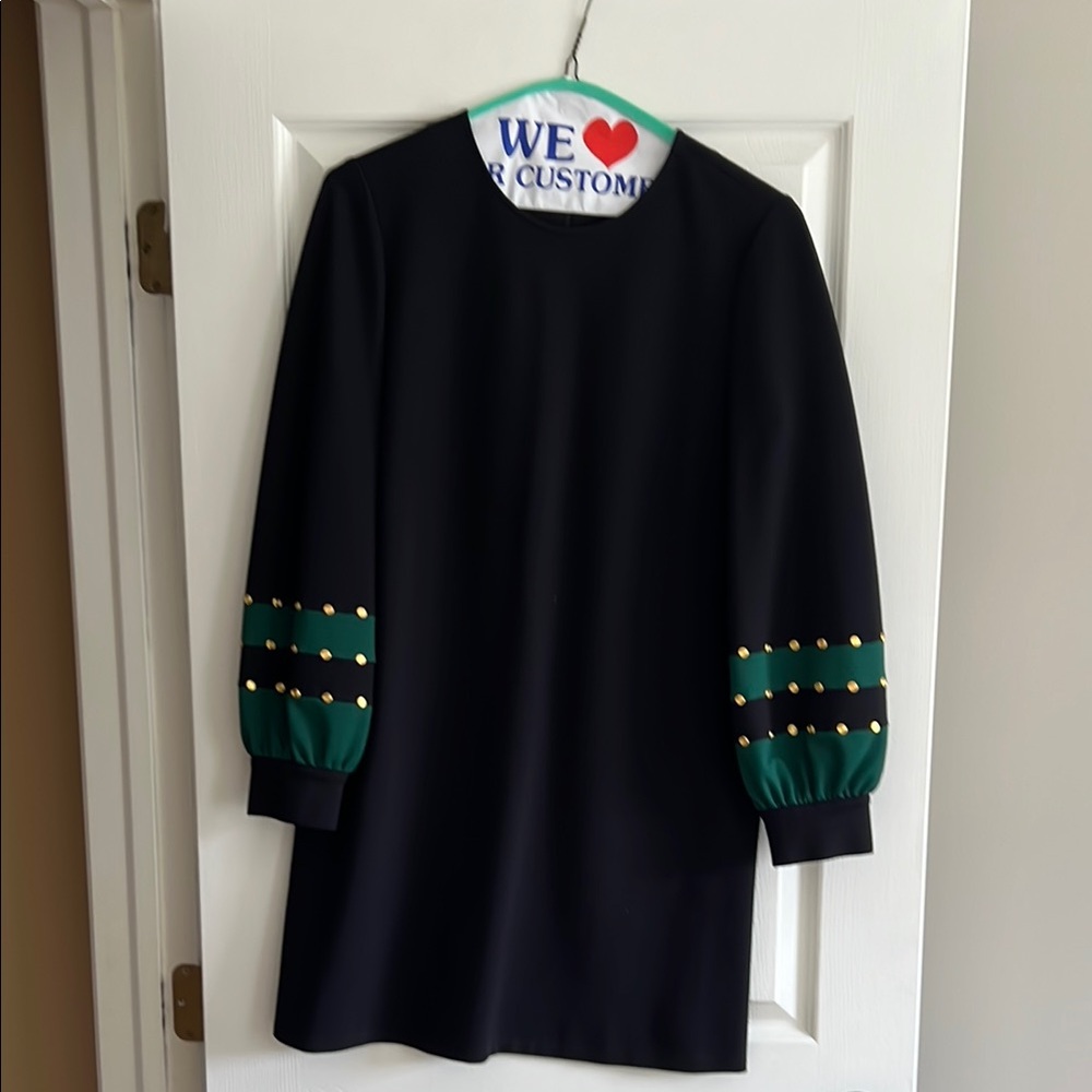 Black Dress with Green Sleeves and Gold Accents